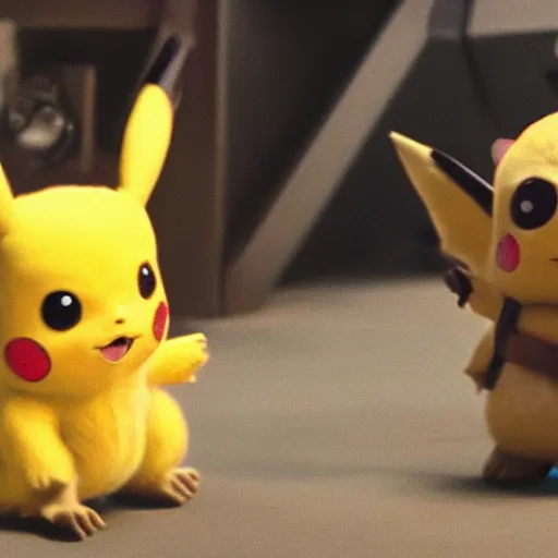 Image similar to a film still of baby pikachu in the mandalorian