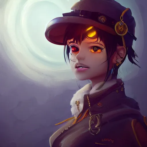 Image similar to a girl with dark skin, yellow eyes, short white hair, wearing steampunk attire, highly detailed, digital painting, artstation, matte, by makoto shinkai, animation style