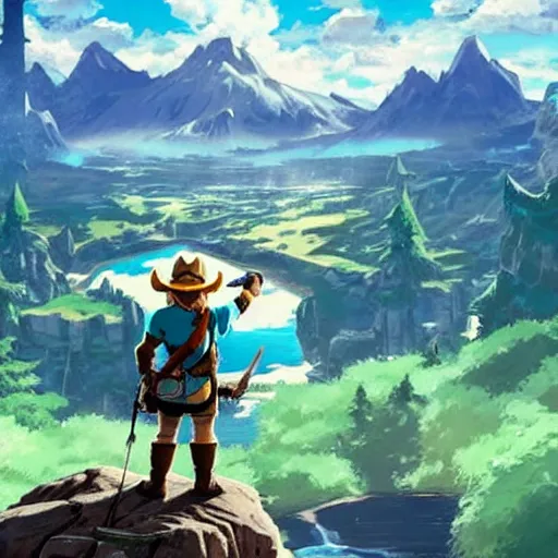 Prompt: a bear wearing a cowboy hat with a bow and arrow standing on a mountaintop looking out over a river landscape, breath of the wild, anime, studio ghibli, beautiful, fine detail, high resolution