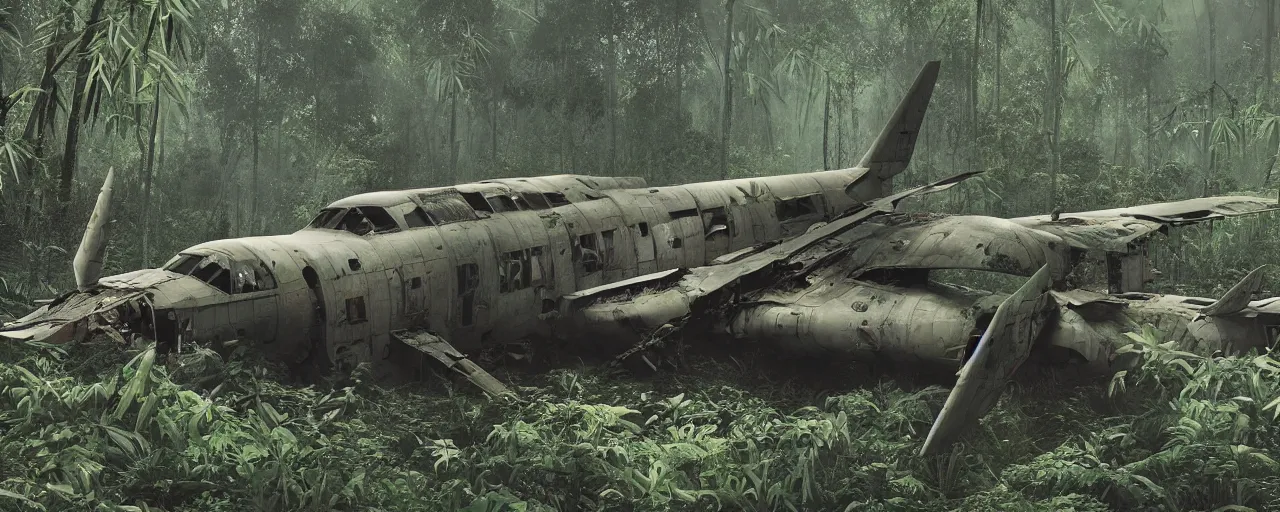 Image similar to an intricate concept art of a crashed military plane in the middle of a bamboo jungle, artstation, sci - fi, hyper realistic, concept art, art by dylan cole, cinematic lighting, octane render