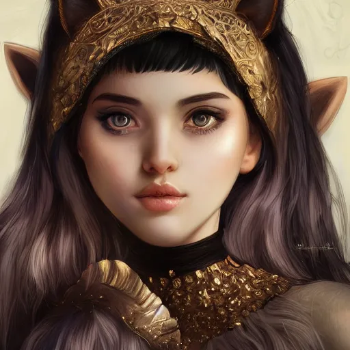 Prompt: 3/4 headshot of young female cat girl, D&D, cute, fantasy, intricate, short hair, black skin, cat face, cat nose, cathead, cat ears, white hair, highly detailed, digital painting, artstation, concept art, smooth, sharp focus, illustration, art by artgerm and H R Giger and alphonse mucha