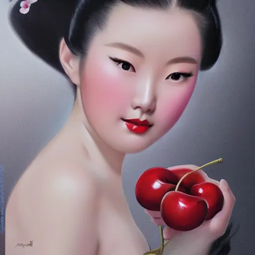 Image similar to pin - up portrait of a beautiful young traditional korean woman, pretty long hair, cherry blossoms, intense flirting, showing curves, symmetrical face, digital art, smooth, extremely detailed, model pose, intense look, dream, gorgeous young model, traditional beauty, pretty, by wu bayard, by gil elvgren, by ralph horsley, by hanks steve