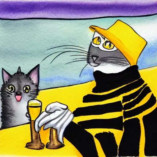 Prompt: a cat wearing a black colored bucket hat and a scarf with black and yellow stripes drinking a beer at an outdoor bar, children\'s book watercolor drawing