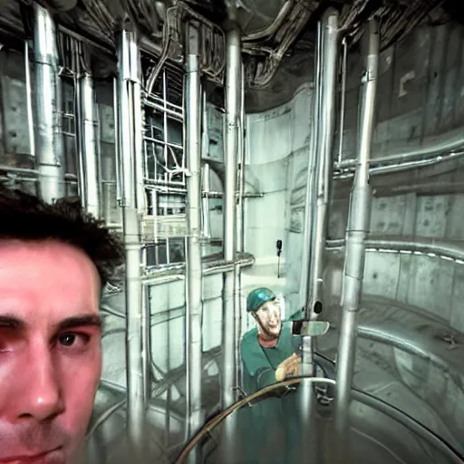 Image similar to a man taking a selfie inside of a nuclear reactor water waste system, super realistic, highly detailed :