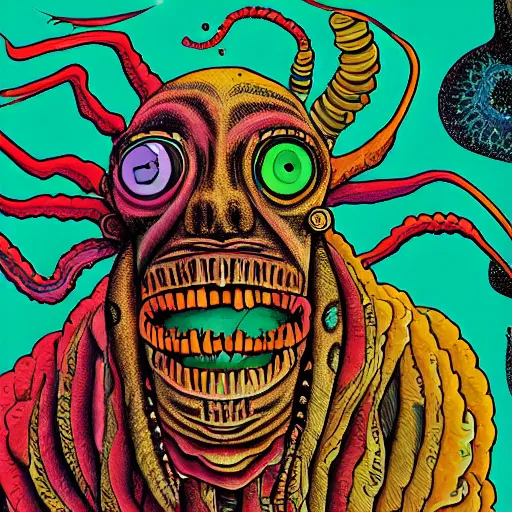 Image similar to a monster with two sharp heads with dreadlocks that look sternly at each other, it has several eyes and scales on the misshapen body, psychedelic cosmic horror