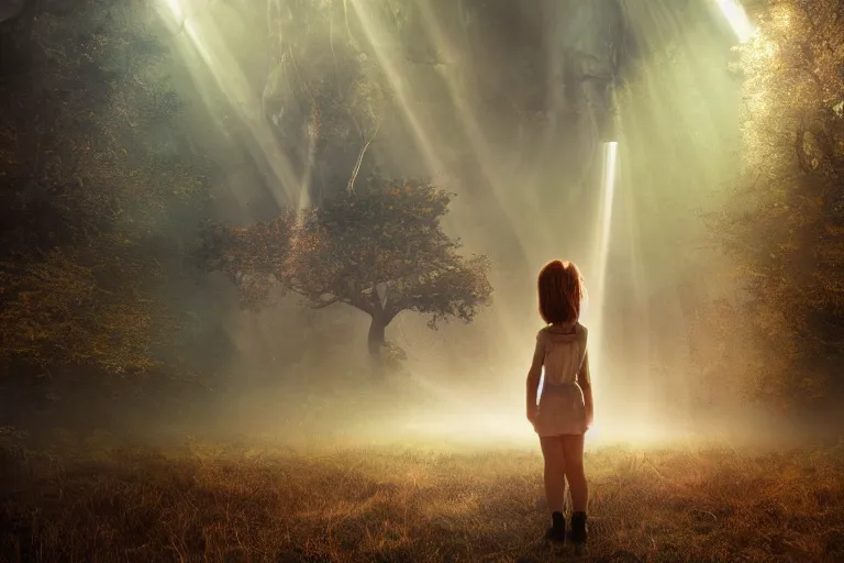 Image similar to the great beyond, sci - fi scene future new york, little girl holding a hand of a big robot, forest punk, crepuscular rays, epic scene, hyper realistic, photo realistic, overgrowth, cinematic atmosphere, ethereal lighting