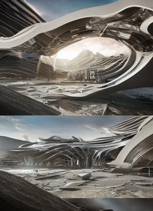 Image similar to bioremediation white mining tailing futuristic architecture in chuquicamata, epic, cinematic, hyperealistic, high detailed, corona render, hdr, ray tracing