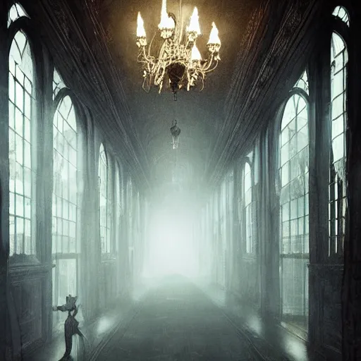 Prompt: a long hallway of mirrors. victorian interior, with many mirrors, spiders and spiderwebs everywhere, elegant design, haunting atmosphere, dark lighting, gothic, horror style, scary, swirling fog, volumetric lighting, by greg rutkowski, realistic, dutch angle,