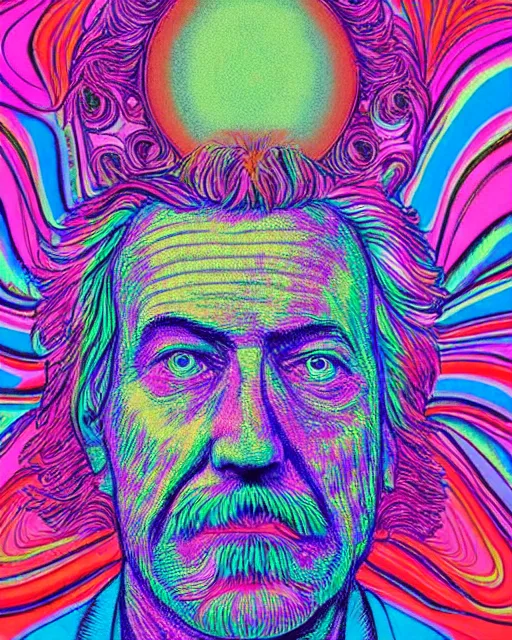 Image similar to a psychedelic portrait of albert hoffman