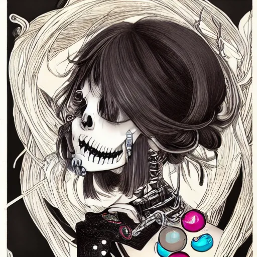 Image similar to anime manga skull portrait young woman blowing bubblegum, skeleton, intricate, elegant, highly detailed, digital art, ffffound, art by JC Leyendecker and sachin teng