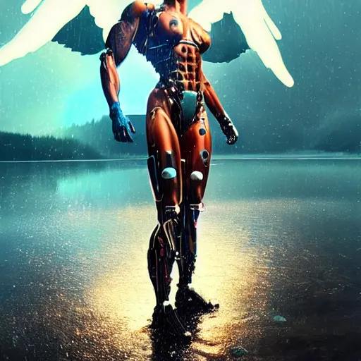 Prompt: dwayne johnson as a beautiful cyborg - angel girl standing on a lake, rainfall, biomechanical details, digital cyberpunk anime art, full body shot, reflections, lens flare, promotional poster, cinematic lighting, wlop, ilya kuvshinov, artgerm, krenz cushart, greg rutkowski