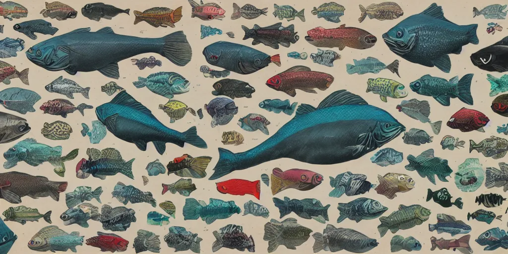 Prompt: full color page scan of various vintage fish illustrations on black background, in matte painting, 2 d, kitbash, 4 k,