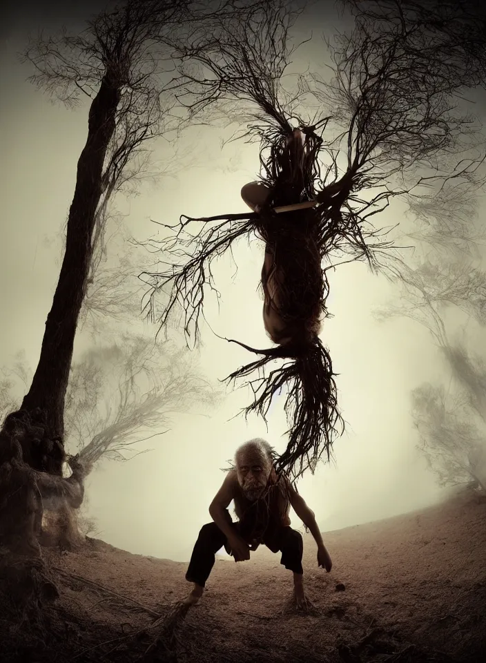 Prompt: full body shot of old asian man with long beard, hanging from a tree, his head upside down, covered in roots, bright multiple glowing eyes, holding a large carved wooden dark fractal stick, hanging upside down, head upside down, thick smoke around him, in the burning soil desert, cinematic shot, wide angle, dark desert background, volumetric lighting by Denis Villeneuve, Lubezki, Gaspar Noe, Christopher Doyle and Alejandro Jodorowsky, anamorphic lens, anamorphic lens flares, kodakchrome, cinematic composition, practical effects, award winning photo, 8k