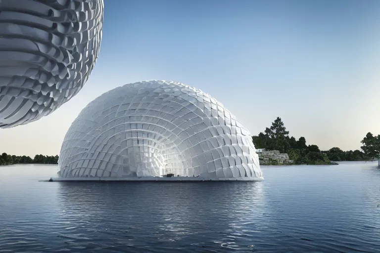 Image similar to a building composed of many white spherical egg shaped circular spaces stacked up and down. on the calm lake, people's perspective modern curved architecture, future, wood, marble, metal award winning, highly detailed 4 k art, dusk, unreal engine highly rendered, global illumination, radial light, internal environment by kazuyo sejima
