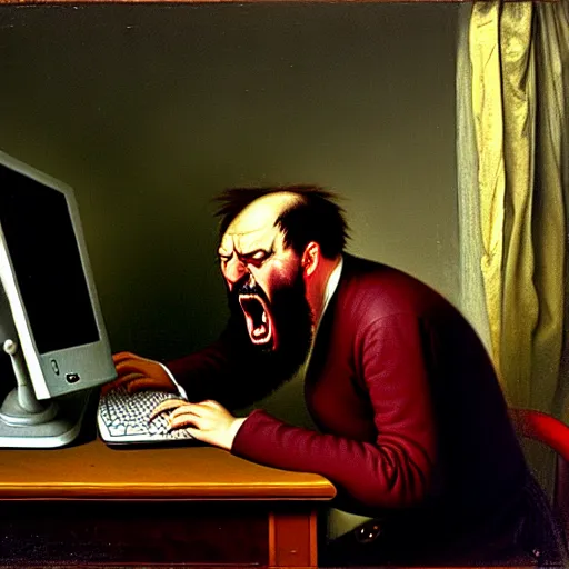 Image similar to an angry man yells at his computer monitor, oil on canvas, 1 8 8 3, highly detailed