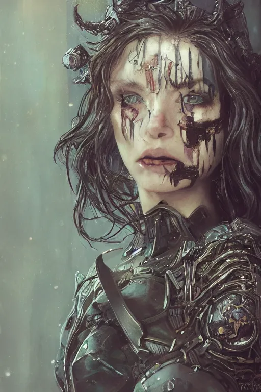 Image similar to portrait of beautiful young gothic maiden, cyberpunk armor, a lot of scars, warhammer, highly detailed, artstation, illustration, art by gustav klimt