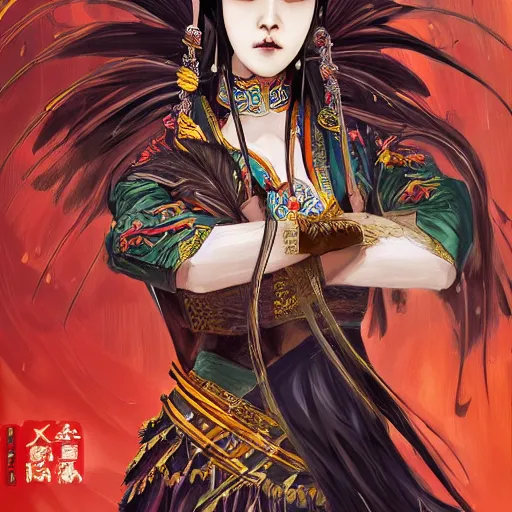 Prompt: An epic fantasy comic book style portrait painting of a gorgeous sword dance Chinese costume woman , by WLOP trending on artbreeder, long hair, smoke, feathers flying, flowers rain everywhere, full body XIANXIA, Chinese temple, depth of field by Yoji Shinkawa 4k