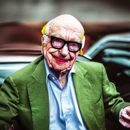 Prompt: Rupert Murdoch as The Joker, brilliant colors, portrait photography, color photo, depth of field, bokeh