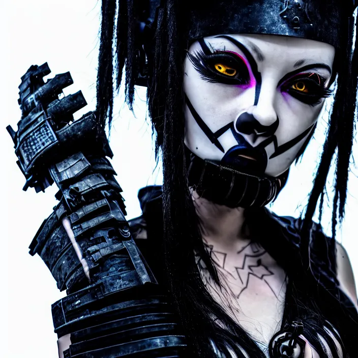 Image similar to photo of a real - life beautiful cybergoth warrior, 8 k, hdr, smooth, sharp focus, high resolution, award - winning photo