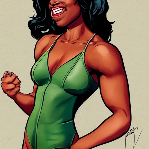 Prompt: Actress Gabrielle Union as She-Hulk, smiling, poster framed, comic pinup style, sports illustrated, detailed legs, artstation, illustration, posterized, Roge Antonio, Jen Bartel