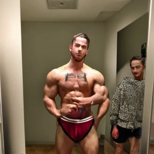 Prompt: a chad posing in front of a mirror, flexing