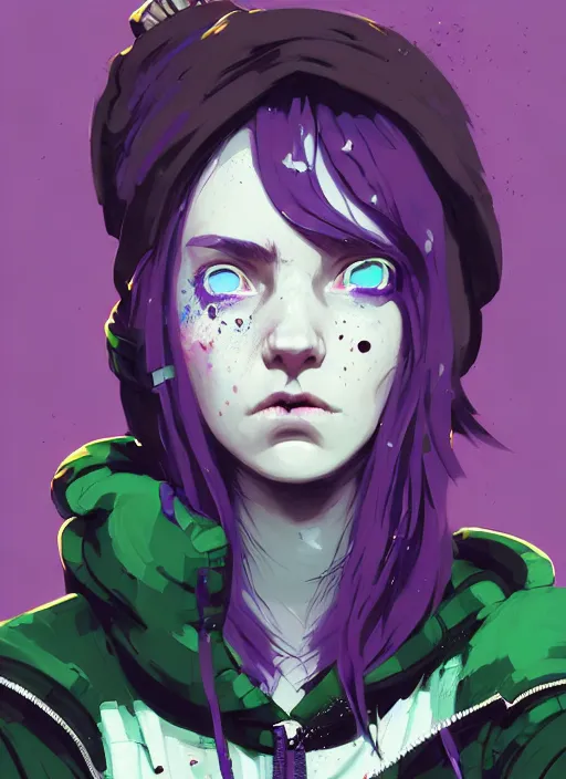 Image similar to highly detailed portrait of a sewer punk lady student, blue eyes, tartan hoody, purple hair by atey ghailan, by greg rutkowski, by greg tocchini, by james gilleard, by joe fenton, by kaethe butcher, gradient green, black, brown and magenta color scheme, grunge aesthetic!!! ( ( graffiti tag wall background ) )