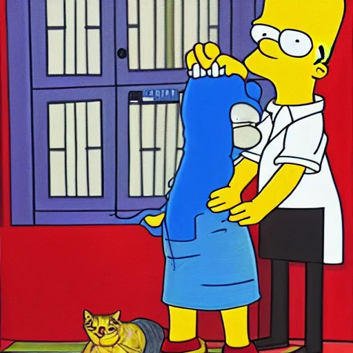 Prompt: doctor home simpson operating on a cat, oil and acrylic on canvas, high detail