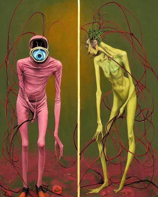 Prompt: Two tall skinny figures wearing gas masks, sharing an oxygen tank, draped in silky gold, green and pink, inside a decaying dystopian operating room, large bugs crawling at their feet, in the style of Francis Bacon, Esao Andrews, Zdzisław Beksiński, Edward Hopper, surrealism, art by Takato Yamamoto and James Jean