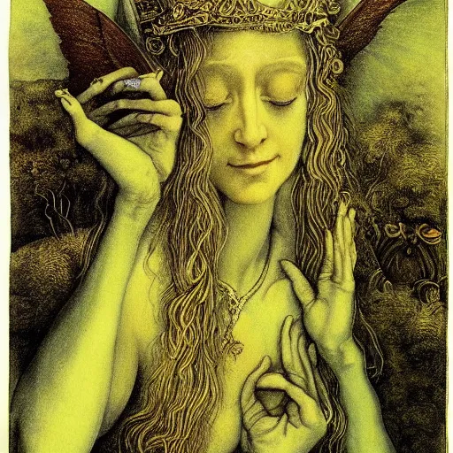 Image similar to ascending meditating elven princess, dmt shaman, surreal, by durer