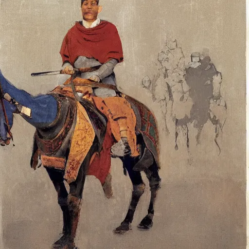 Image similar to portrait of man waring chinmail and gambeson, holding lance and sitting on horse wearing caparisons, medieval by greg manchess, bernie fuchs, walter everett, lost edges