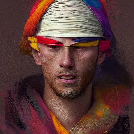 Image similar to portrait of a blindfolded man in multicolored robes, a large straw hat, detailed face, highly detailed, cinematic lighting, digital art painting by greg rutkowski