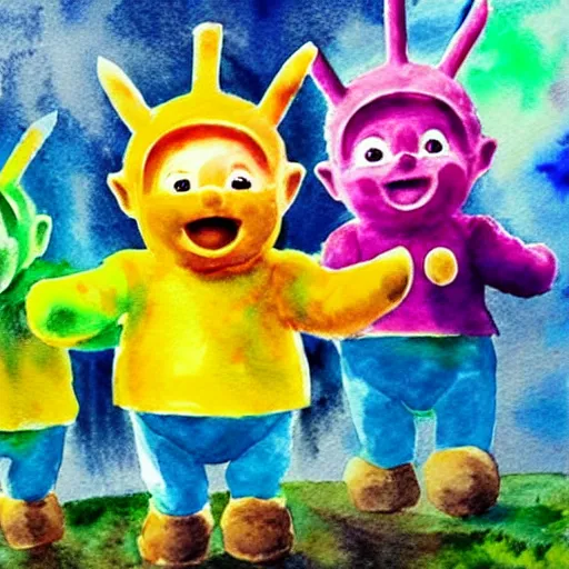 Prompt: water colour painting of teletubbies with machine guns ,