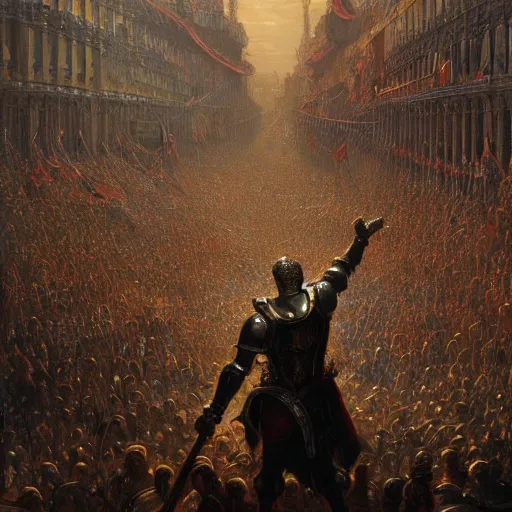 Image similar to artstation concept of a man in armor standing in a crowd gettig cheered, man with arms wide open, bright colorful, gold, hyperdetailed, artstation trending, world renowned artists, worth 1 0 0 0. com, historic artworks society, antique renewel, cgsociety, by greg rutkowski, by gustave dore, deviantart