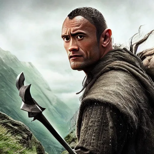 Prompt: the rock as a hobbit from lord of the rings, the rock in lotr, lord of the rings, the rock is short, Dwayne the hobbit johnson, the rock as frodo, 8k, high res, photo realistic