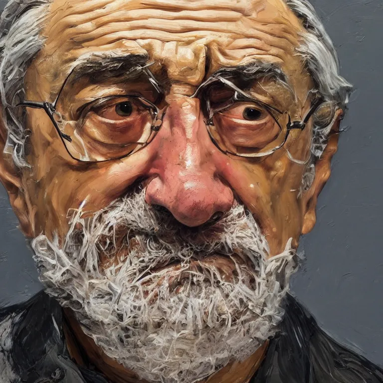 Prompt: close up studio portrait of aging old Robert De Niro age 115 wrinkled angry, impasto oil painting thick brushstrokes by Lucian Freud and Tim Hawkinson and Cy Twombly, trending on artstation Studio lighting Expressionism