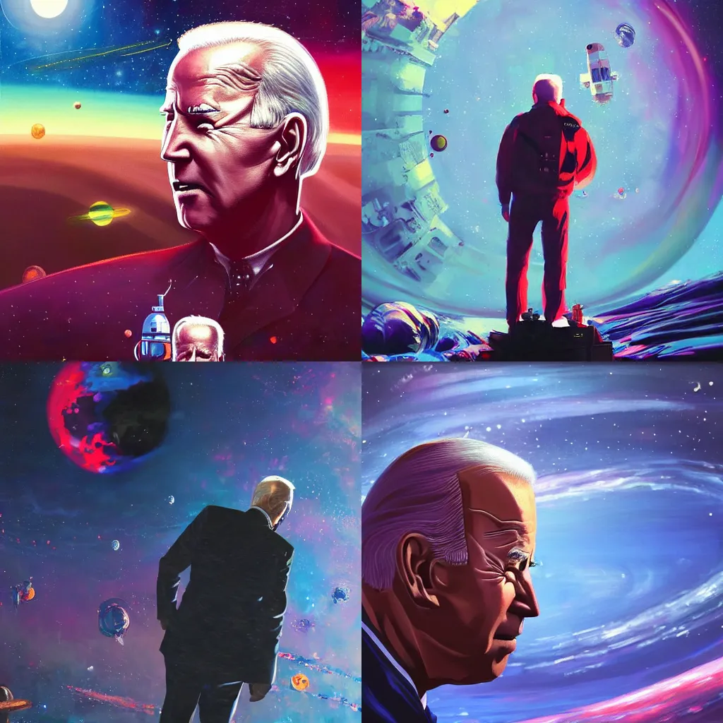 Prompt: beautiful astonishing award winning painting of lost joe biden floating in the middle of outer space, normal clothes, really cool pose, bright beautiful large planet in the background, bright aesthetic cool cyberpunk lighting, 8 k, trending on artstation