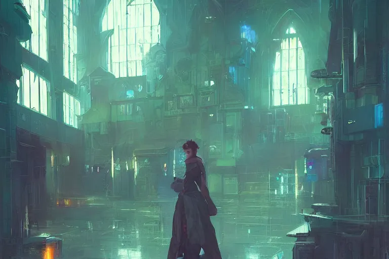 Image similar to Hogwarts cyberpunk, neon lighting, bird's-eye view, digital art from artstation by Ruan Jia and Mandy Jurgens and Artgerm and william-adolphe bouguereau and Greg Rutkowski and Wayne Barlowe