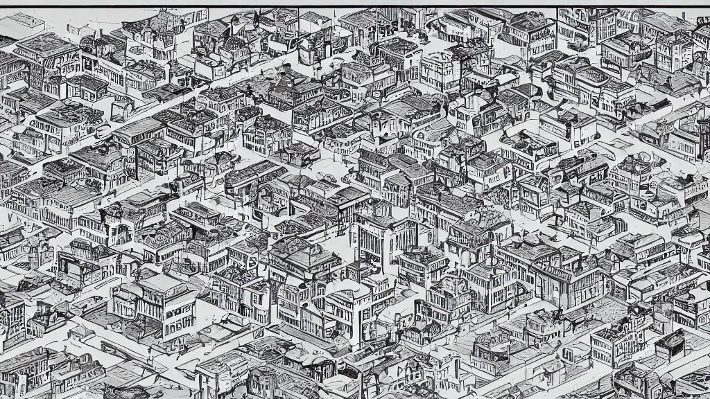 Image similar to photocopy tangential isometric mortgage village / city setting