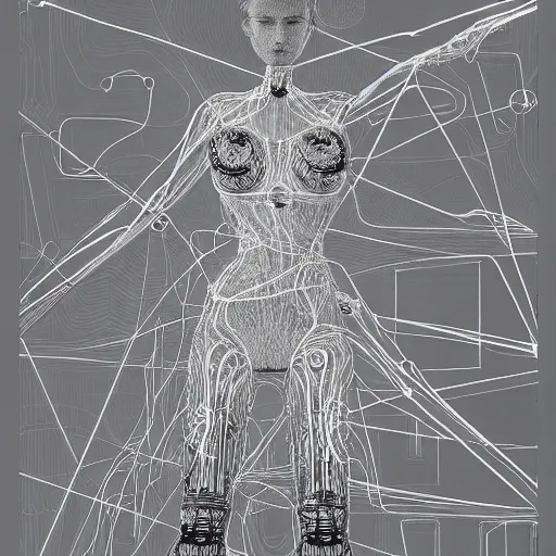 Image similar to a beautiful body of a pilot woman partially made of wires and electronic circuits, an ultrafine detailed illustration by james jean, final fantasy, intricate linework, bright colors, behance contest winner, vanitas, angular, altermodern, unreal engine 5 highly rendered, global illumination, radiant light, detailed and intricate environment