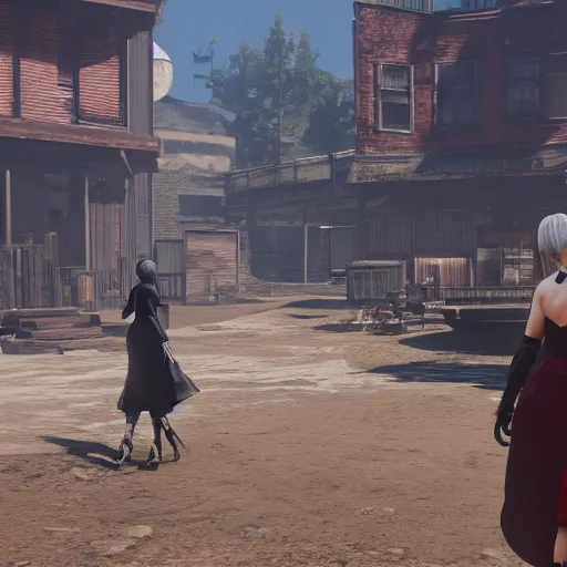 Image similar to Film still of 2B nier automata in a town from Red Dead Redemption 2 (2018 video game)