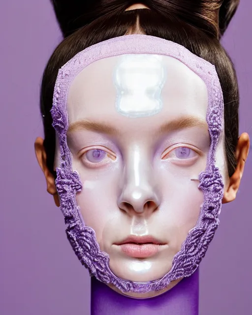 Image similar to symmetrical close - up portrait of a woman wearing a lilac metallic embroidered beauty mask and hair buns, wearing a black bodysuit by alexander mcqueen, cream white background, soft light, biotechnology, humanoide robot, bjork aesthetic, translucent, by rineke dijkstra, intricate details, highly detailed, masterpiece,