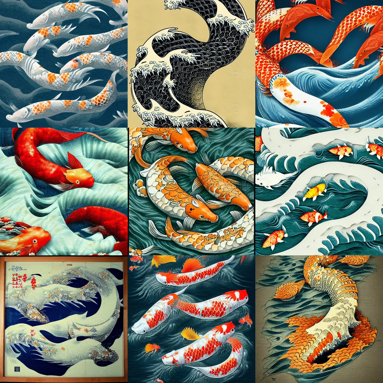 Prompt: hundred koi, the great wave made of koi carps, koi wave, fractal artwork, detailed, trending on artstation, octane