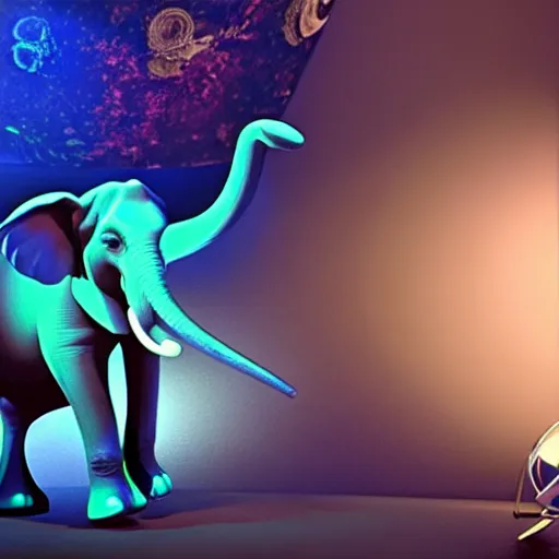 Prompt: a hyperrealistic 3D octane render of an elephant wearing oculus rift VR headset and playing a keyboard inside of a dome planetarium, 8k, unreal engine, dramatic lighting, volumetric lighting, uplighting, ray tracing, photorealistic,