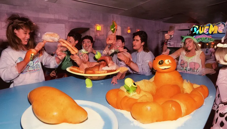 Image similar to 1990s photo of inside the Slime Friends Snow Potato Show ride at Universal Studios in Orlando, Florida, riding a hotdog through a dinner plate world, cinematic, UHD