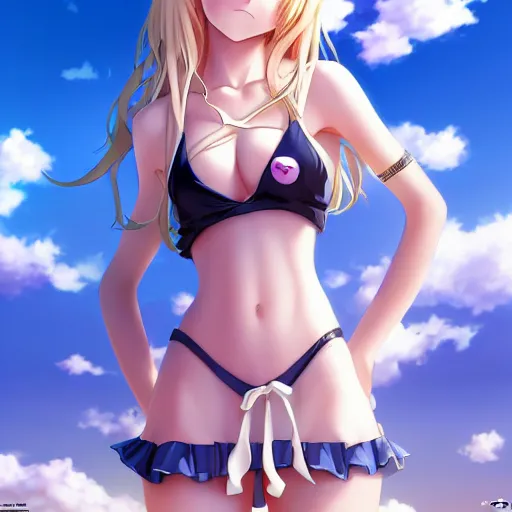 Prompt: a very beautiful young anime cute girl, full body, long wavy blond hair, sky blue eyes, full round face, short smile, bikini, miniskirt, front view, medium shot, mid-shot, highly detailed, cinematic wallpaper by Stanley Artgerm Lau