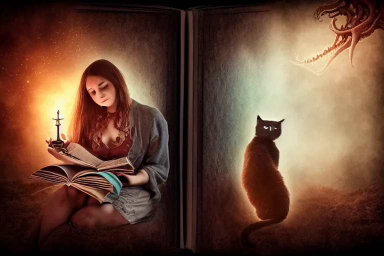 Prompt: romantic photo of bright girl, her cat and her book of necronomicon, symmetrical, cinematic, real dlsr photography, sharp focus, 4 k, ultra hd, sense of awe, sinister demonic atmosphere, dreadful, forbidden knowledge, old gods, cthulhu, yog - sothoth! yah, yah, yah! cultist journal cover