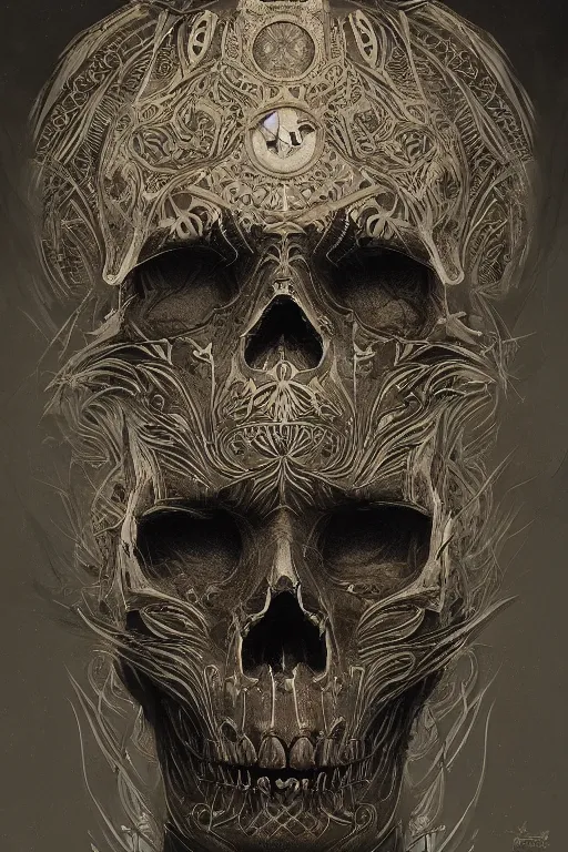 Image similar to concept art skull, the skull is decorated with art deco patterns, close - up portrait, powerfull, intricate, elegant, volumetric lighting, scenery, digital painting, highly detailed, artstation, sharp focus, illustration, concept art, ruan jia, steve mccurry