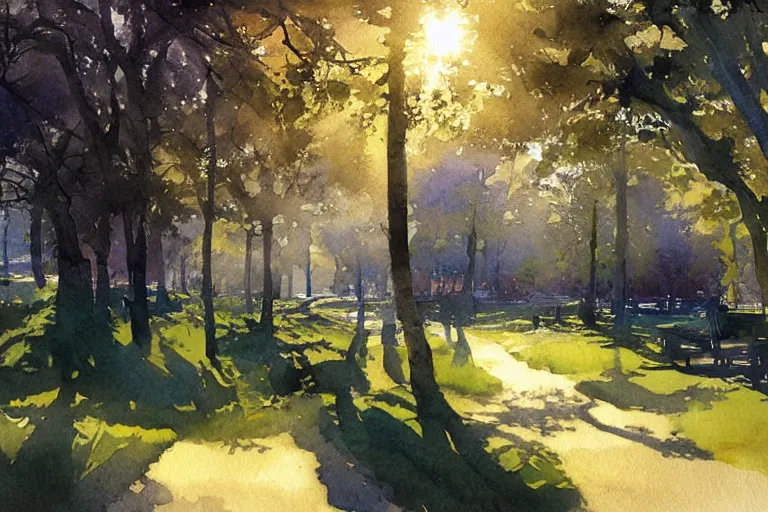 Prompt: small centered on watercolor paper, paint brush strokes, abstract watercolor painting of park, daylight, shadows, covering foliage over luxurious pathway, sunlight shining through, translucent leaves, cinematic light, national romanticism by hans dahl, by jesper ejsing, by anders zorn, by greg rutkowski, by greg manchess, by tyler edlin