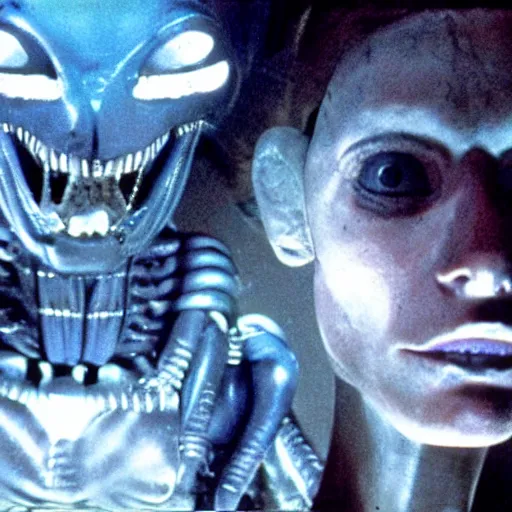 Image similar to movie still, 1 9 8 0 s, alien creatures, androide, demons, hyperdetailed, by ridley scott and john carpenter, blue leds