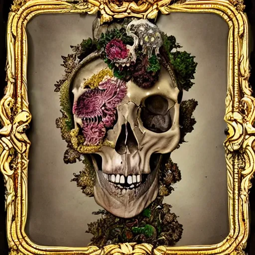 Image similar to a beautiful detailed front view baroque portrait of a rotten woman corpse becoming almost a skull with fractal plants and fractal flowers and mushrooms growing around, intricate, ornate, volumetric light, beautiful lit, polaroid photography